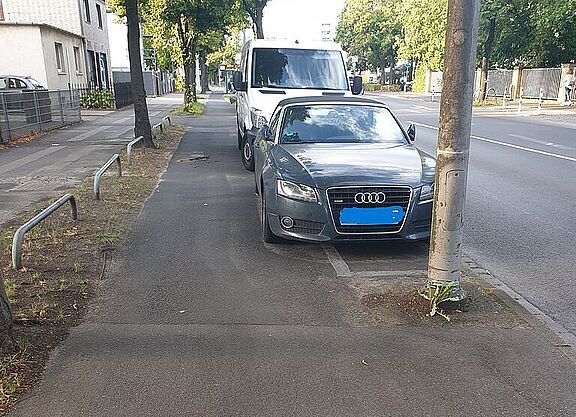 Parken am Bienroder Weg Höhe Campus Nord. Eingeschränkter Radwegbereich und Wurzeln behindern hier die Radfahrenden.