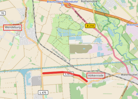 Beantragter Radweg entlang der L611 (rote Linie) von Völkenrode Richtung Wendeburg