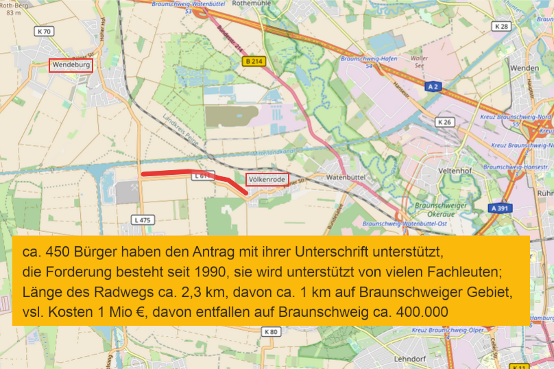Beantragter Radweg entlang der L611 (rote Linie) von Völkenrode Richtung Wendeburg