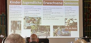 Das Bild zeigt einen Konferenzraum; auf die Leinwand ist eine Darstellung mit Verkehrsthemen projiziert