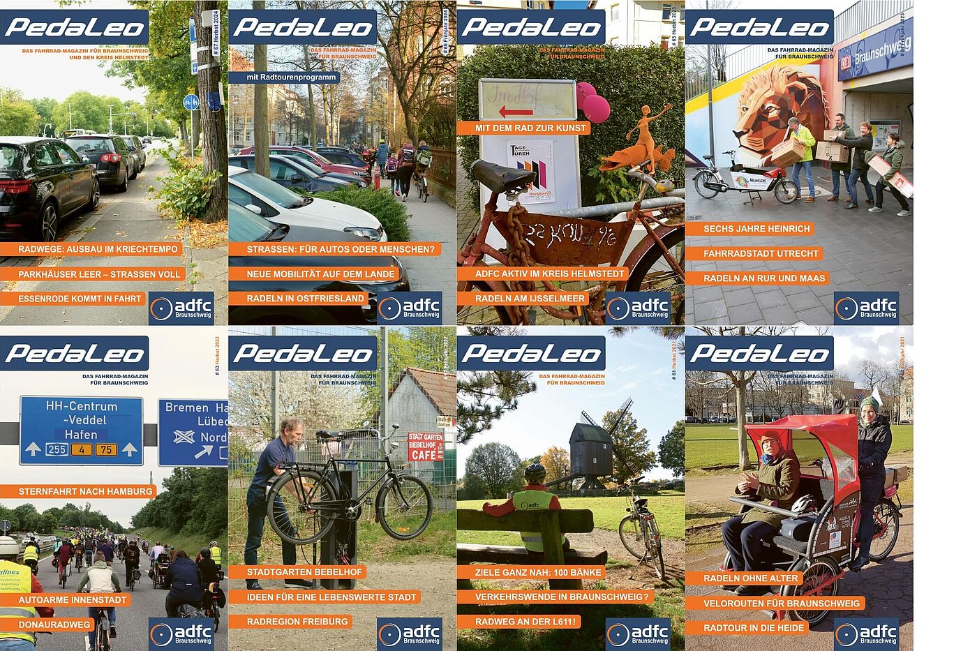 Eine Collage aus 8 Titelseiten des Fahrradmagazins PedaLeo